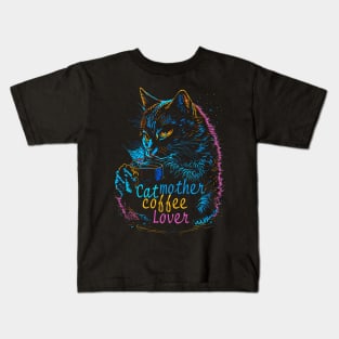 Cat mother coffee lover neon Kids T-Shirt